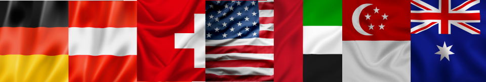 Flaggen von Deutschland, Österreich, Schweiz, USA, Kanada, Australien, Vereinigte Arabische Emirate und Singapur – internationale Coaching-S
