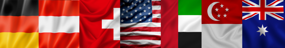 Flaggen von Deutschland, Österreich, Schweiz, USA, Kanada, Australien, Vereinigte Arabische Emirate und Singapur – internationale Coaching-S