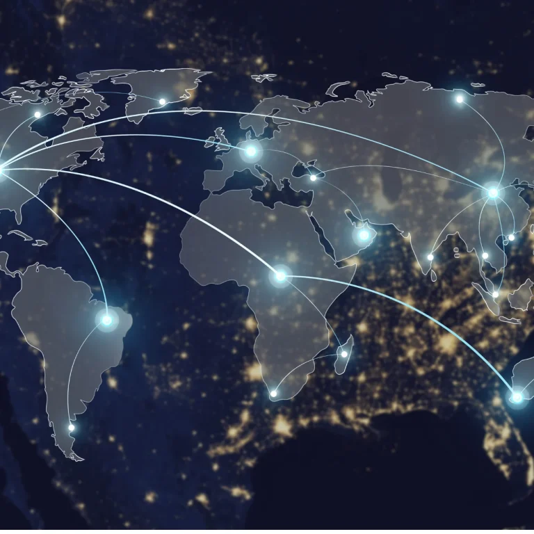 Globale Vernetzung mit Verbindungslinien – internationales Coaching und Spitzenleistung weltweit.